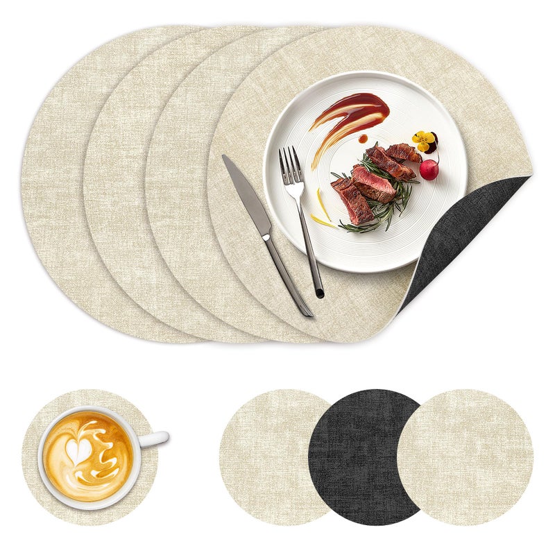 NCUE 13" Round Placemats Set of 4, NCUE Dual-Sided Faux Leather Heat Resistant Table Mats, Waterproof Oilproof Washable Protective Table Placemats with Coaster, Wipeable Vinyl for Indoor & Outdoor Use - Image 1