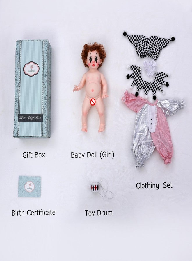 Cloveray Harlequin Clown Reborn Toddler Girl Doll 18 Inch Baby Doll with Curly Hair, Checkered Hat, Pink & Silver Costume, and Mini Drum, for 5 Year Old Girls, Parents, Collectors - Image 3