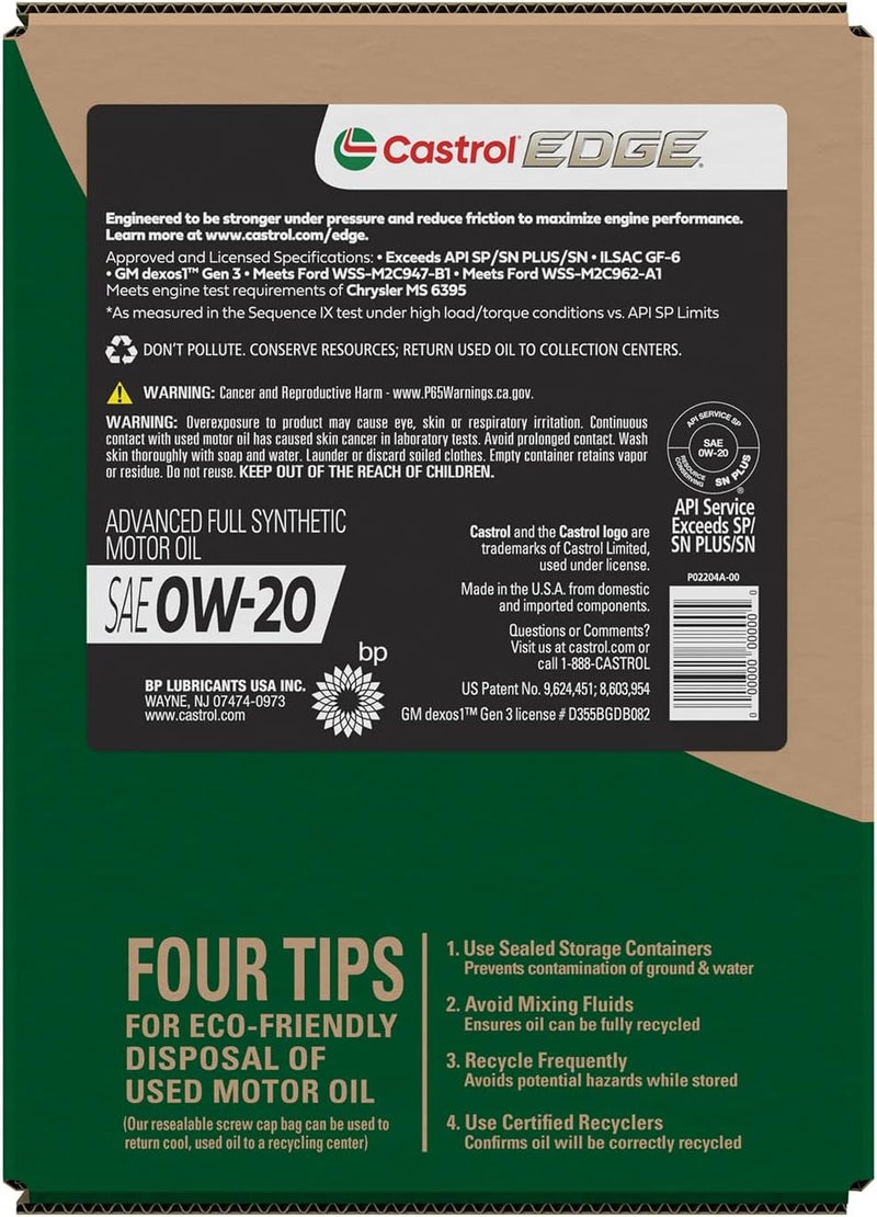 Castrol Edge 0W-20 Advanced Full Synthetic Motor Oil, 5 Quarts, Eco Pack - Image 3