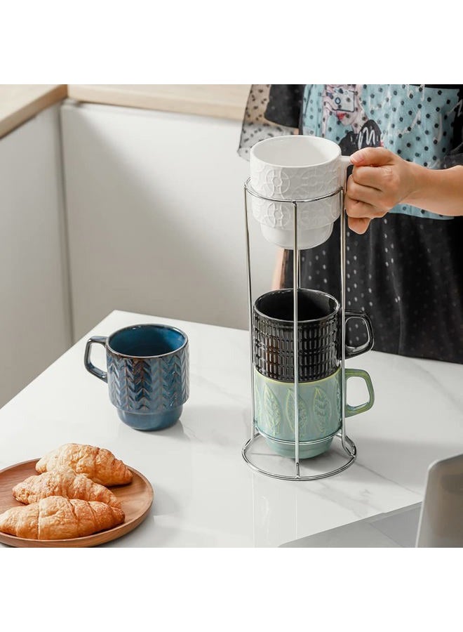 KOOV Ceramic Coffee Mug Set with Stand, 16 oz Coffee Mug for Coffee, Tea, Cocoa, Stackable Ceramic Coffee Cup Set of 4, Large Coffee Mugs Set of 4, Drinking Vessels for Women, Men (Blueset) - Image 4