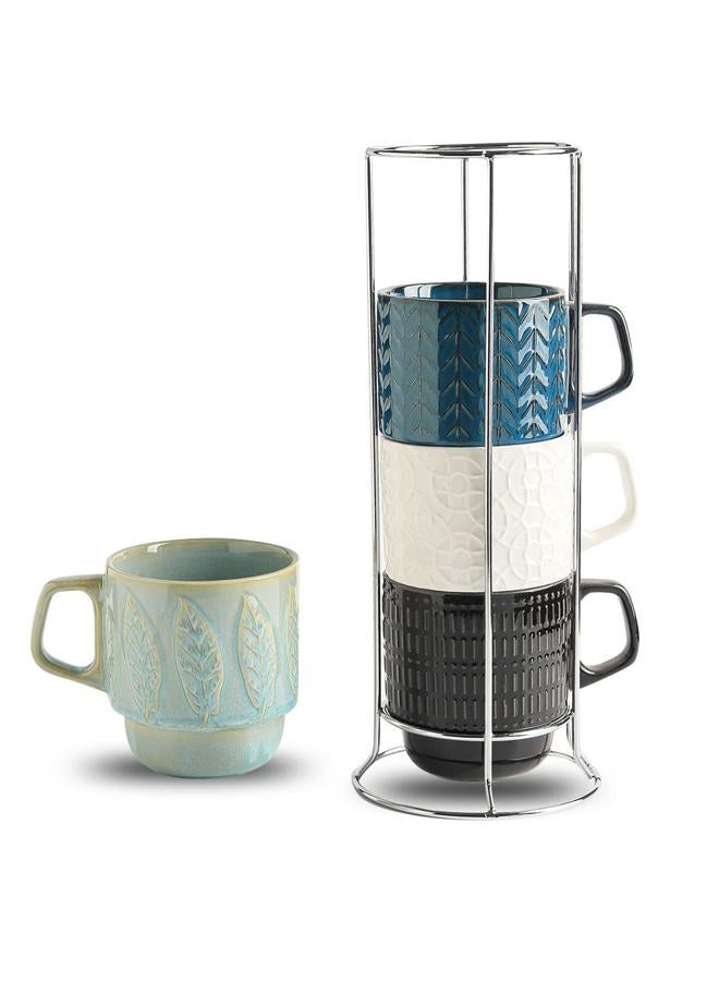 KOOV Ceramic Coffee Mug Set with Stand, 16 oz Coffee Mug for Coffee, Tea, Cocoa, Stackable Ceramic Coffee Cup Set of 4, Large Coffee Mugs Set of 4, Drinking Vessels for Women, Men (Blueset) - Image 1