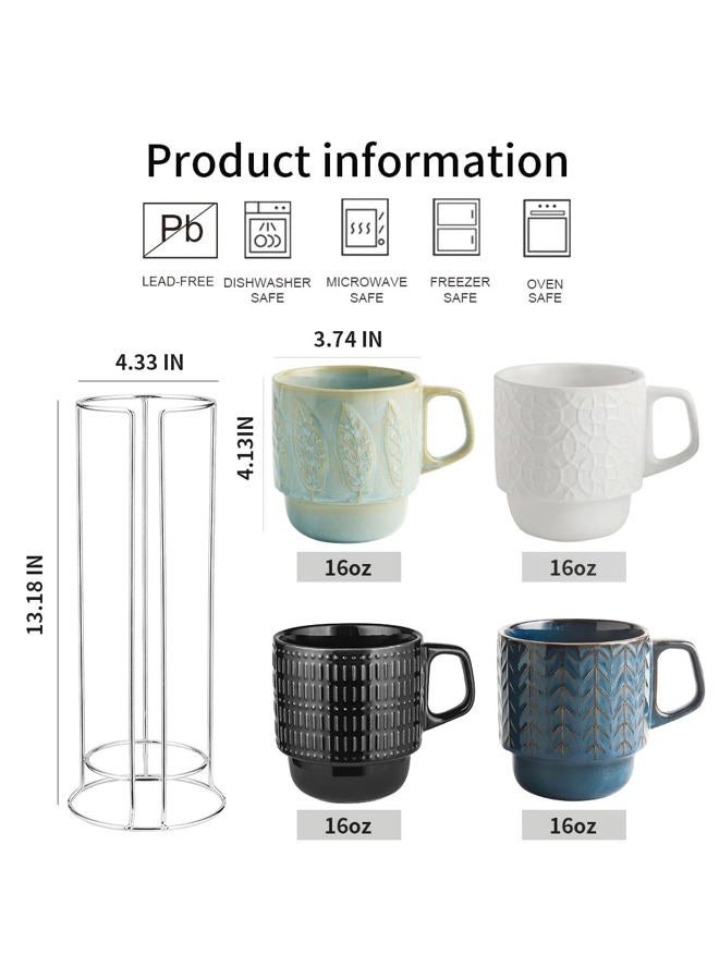KOOV Ceramic Coffee Mug Set with Stand, 16 oz Coffee Mug for Coffee, Tea, Cocoa, Stackable Ceramic Coffee Cup Set of 4, Large Coffee Mugs Set of 4, Drinking Vessels for Women, Men (Blueset) - Image 3