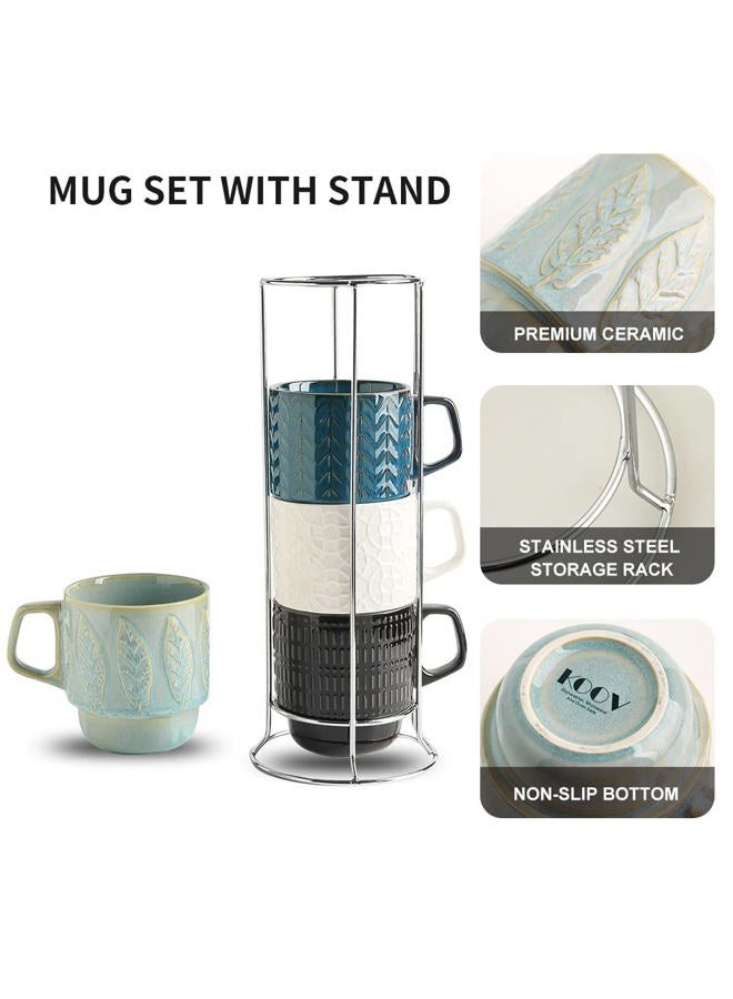 KOOV Ceramic Coffee Mug Set with Stand, 16 oz Coffee Mug for Coffee, Tea, Cocoa, Stackable Ceramic Coffee Cup Set of 4, Large Coffee Mugs Set of 4, Drinking Vessels for Women, Men (Blueset) - Image 2