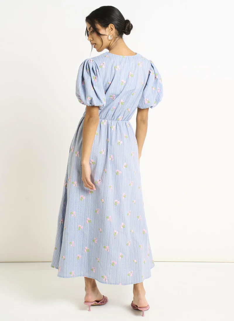 Gini London  Blue Cotton Mix Tie Detail Puff Sleeves Midi Dress for Women | Best Price UAE