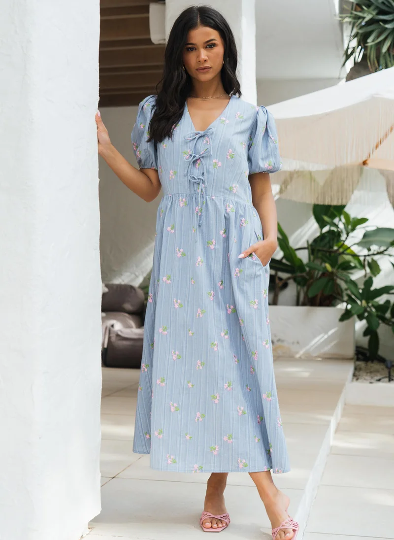 Gini London Blue Cotton Mix Tie Detail Puff Sleeves Midi Dress
