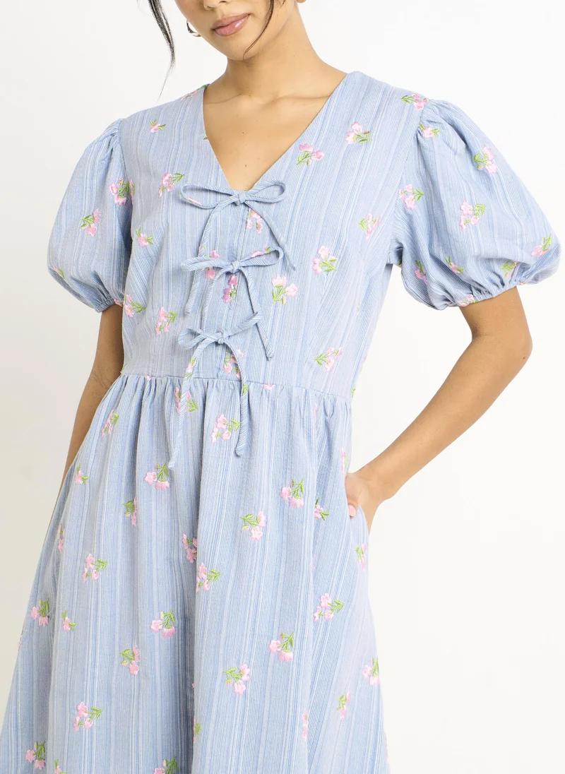 Gini London  Blue Cotton Mix Tie Detail Puff Sleeves Midi Dress for Women | Best Price UAE