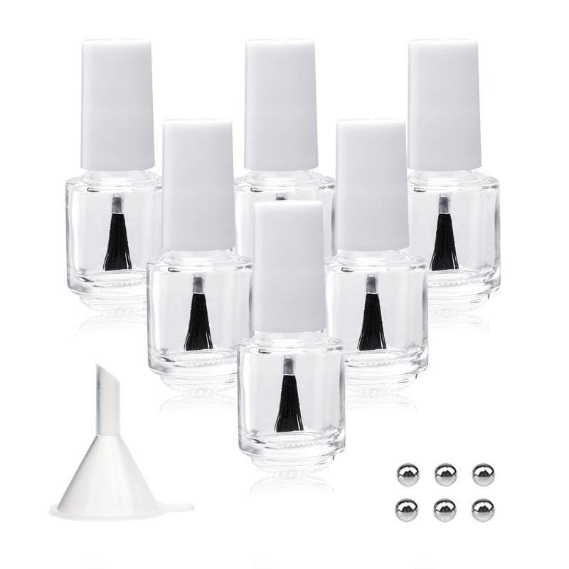 Agidea 6PCS Empty Nail Polish Bottles with Brush White Cap 5ML Empty Clear Glass Refillable Nail Fingernail Polish Bottles Circle with mixing beads Funnels 017 OZ