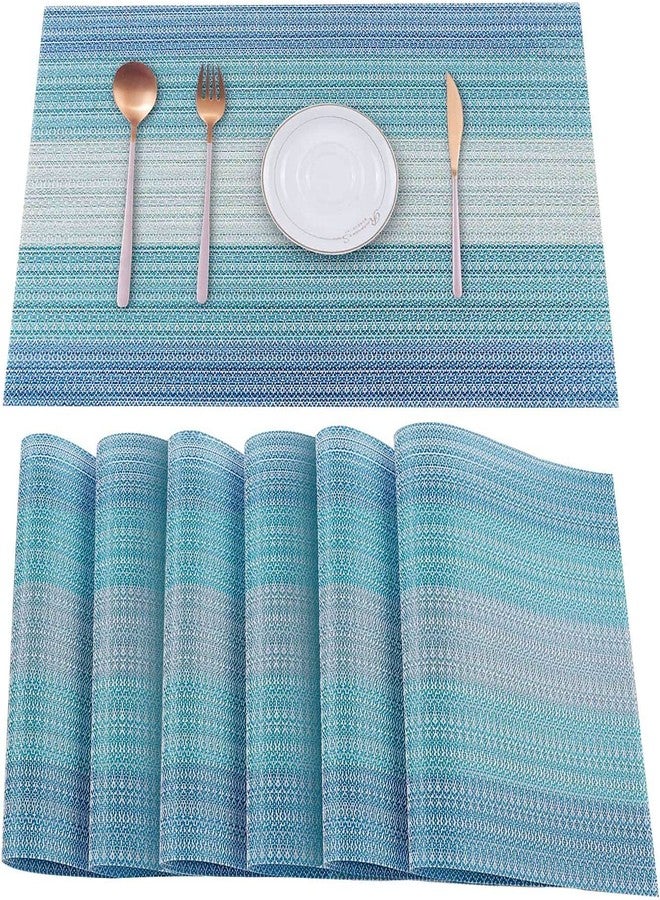 Mockery Vinyl Placemats Set of 6, Rectangle 12"×18" Washable Vintage Woven Placemats, Non-Slip Insulation Placemat Washable Table Mats for Dining Kitchen Restaurant Table (H-Ombre Blue) - Image 1