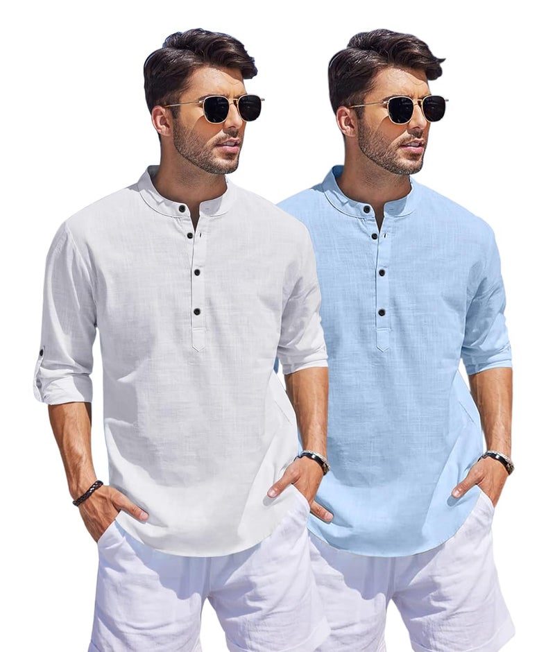 Bellstone Men's Cotton Blend Straight Kurta Shirt Combo with Mandarin Collar - Slim Fit Casual Short Kurti Set Featuring Textured Slub Fabric and Roll-Up Full Sleeves - Image 1