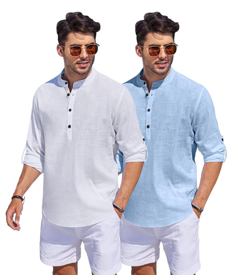 Bellstone Men's Cotton Blend Straight Kurta Shirt Combo with Mandarin Collar - Slim Fit Casual Short Kurti Set Featuring Textured Slub Fabric and Roll-Up Full Sleeves - Image 2