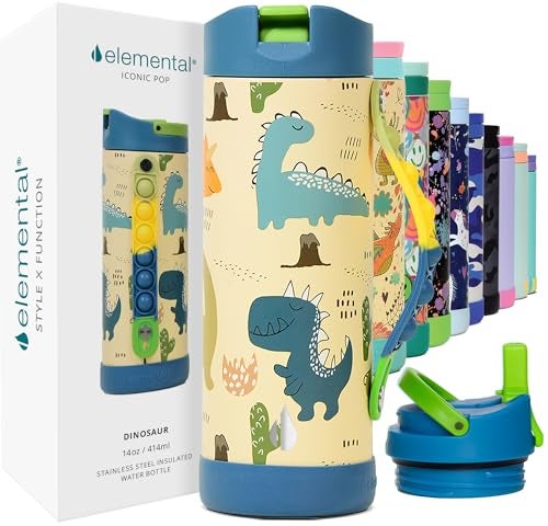 Elemental Iconic Kids Water Bottle for School - 100% Leak-Proof Insulated Water Bottles with Straw Lid & Pop-It Handle for Boys & Girls - Triple-Wall Insulated & BPA-Free, 14oz – Dinosaur - Image 1