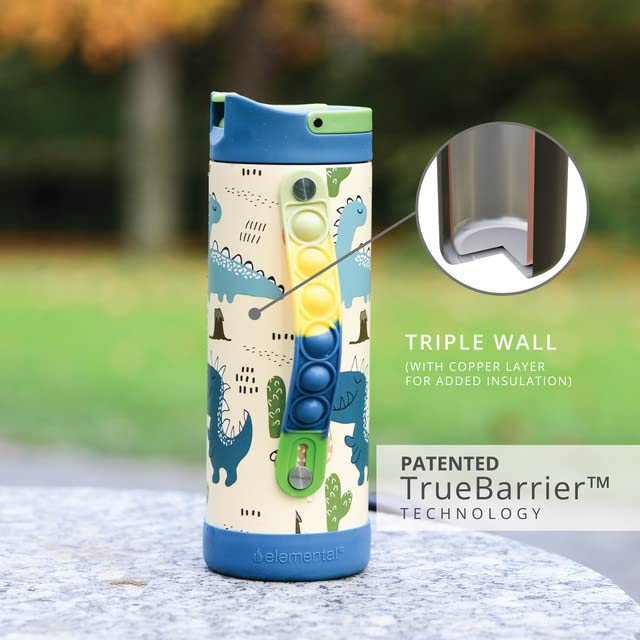 Elemental Iconic Kids Water Bottle for School - 100% Leak-Proof Insulated Water Bottles with Straw Lid & Pop-It Handle for Boys & Girls - Triple-Wall Insulated & BPA-Free, 14oz – Dinosaur - Image 3