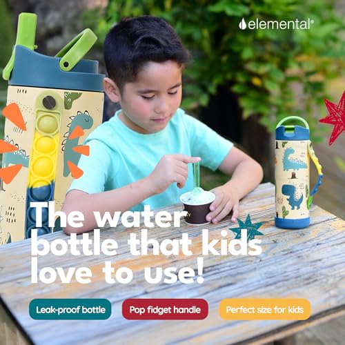Elemental Iconic Kids Water Bottle for School - 100% Leak-Proof Insulated Water Bottles with Straw Lid & Pop-It Handle for Boys & Girls - Triple-Wall Insulated & BPA-Free, 14oz – Dinosaur - Image 4