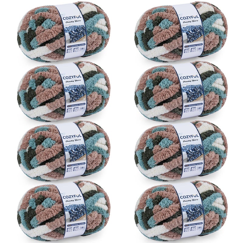 Cozyful Chunky Yarn for Hand Knitting - #10 Chunky Chenille Blanket Yarn, Jumbo Big Thick Chunky Yarns for Crocheting, Tie Dye Bulky Knit Yarns, 8 Skein (25 yds 8 oz Each Skein), Forest&Teal&Coffee - Image 1