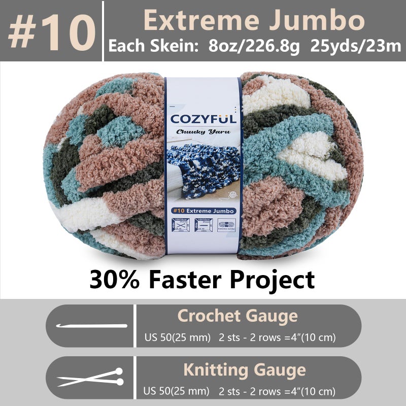 Cozyful Chunky Yarn for Hand Knitting - #10 Chunky Chenille Blanket Yarn, Jumbo Big Thick Chunky Yarns for Crocheting, Tie Dye Bulky Knit Yarns, 8 Skein (25 yds 8 oz Each Skein), Forest&Teal&Coffee - Image 2