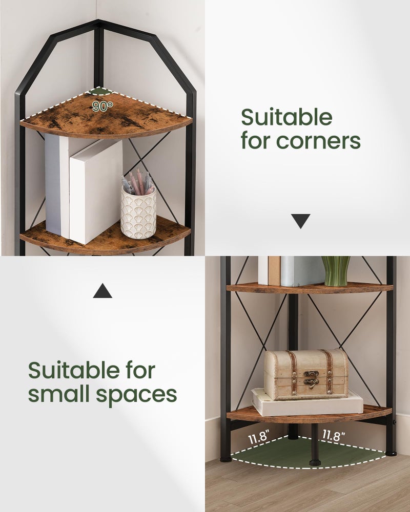 CHOEZON 4-Tier Rustic Brown and Black Corner Shelf, 4-Shelf Industrial Corner Bookshelf, Space-Saving Corner Storage Stand, Plant Stand Display Shelf, Bedroom, Living Room, Home Office - Image 2