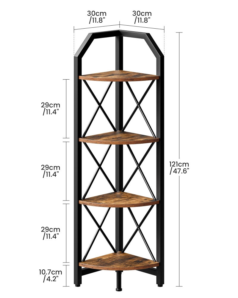 CHOEZON 4-Tier Rustic Brown and Black Corner Shelf, 4-Shelf Industrial Corner Bookshelf, Space-Saving Corner Storage Stand, Plant Stand Display Shelf, Bedroom, Living Room, Home Office - Image 5