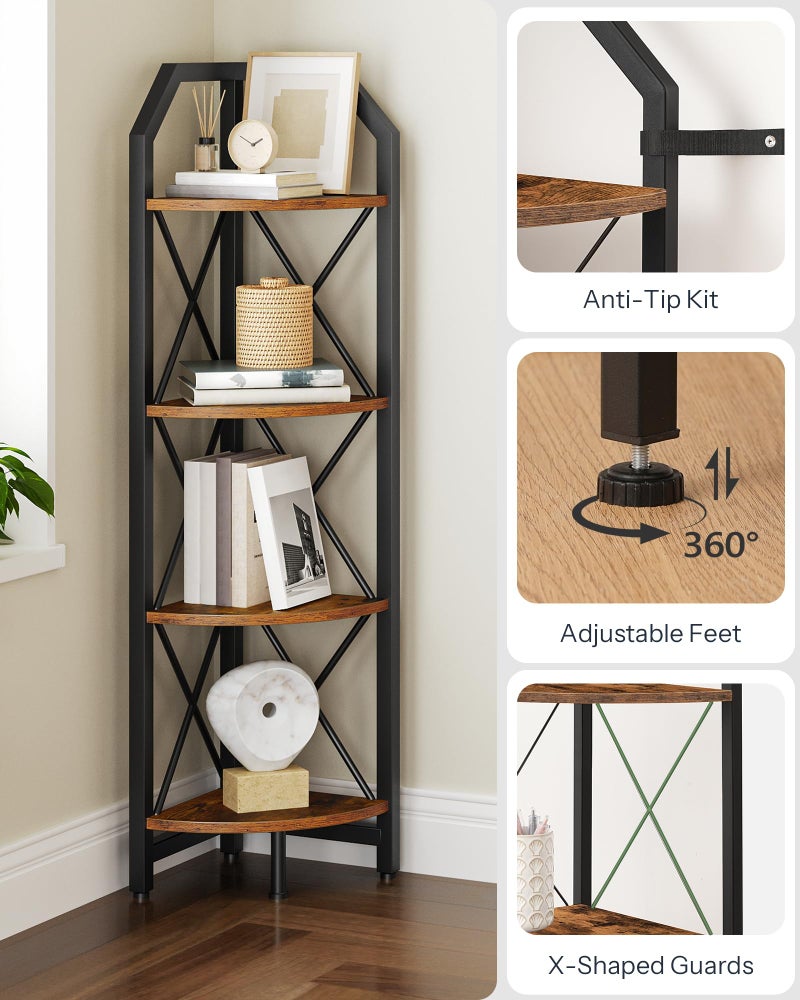 CHOEZON 4-Tier Rustic Brown and Black Corner Shelf, 4-Shelf Industrial Corner Bookshelf, Space-Saving Corner Storage Stand, Plant Stand Display Shelf, Bedroom, Living Room, Home Office - Image 4