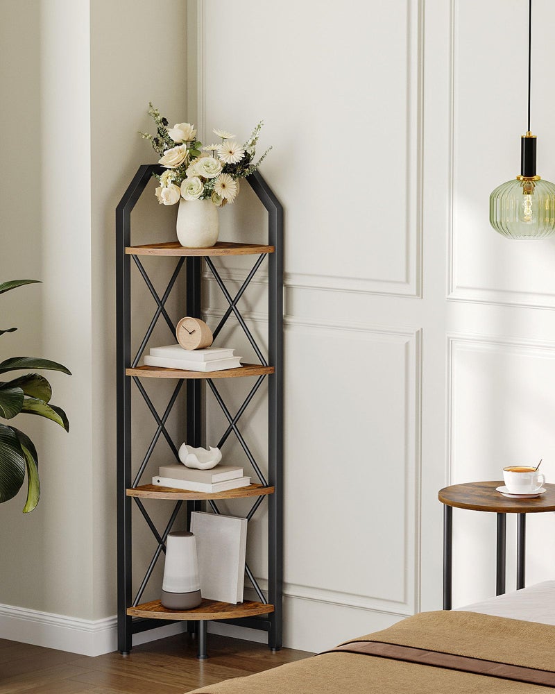 CHOEZON 4-Tier Rustic Brown and Black Corner Shelf, 4-Shelf Industrial Corner Bookshelf, Space-Saving Corner Storage Stand, Plant Stand Display Shelf, Bedroom, Living Room, Home Office - Image 1