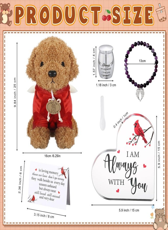 كينينج مجموعة هدايا جنائزية من 5 قطع من كينينج: كلب محشو لحفظ الرماد مع ملعقة، جرة صغيرة تذكارية، لوحة تذكارية على شكل قلب من الأكريليك، سوار مزين بأجنحة لتذكر فقدان أحد الأحباء (بني). - Image 2
