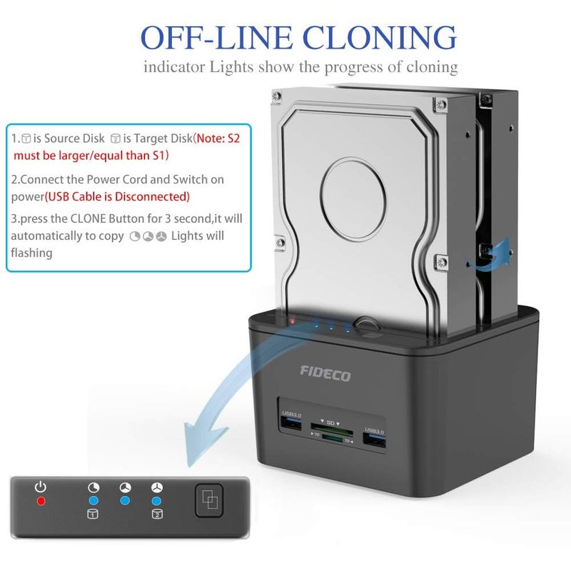 Tobo محطة إرساء الأقراص الصلبة USB 3.0 إلى SATA، محطة إرساء مزدوجة للأقراص الصلبة مع فتحات بطاقة TF و SD لأقراص SATA HDD SSD بحجم 2.5/3.5 بوصة، تدعم TD-1043HS - Image 5