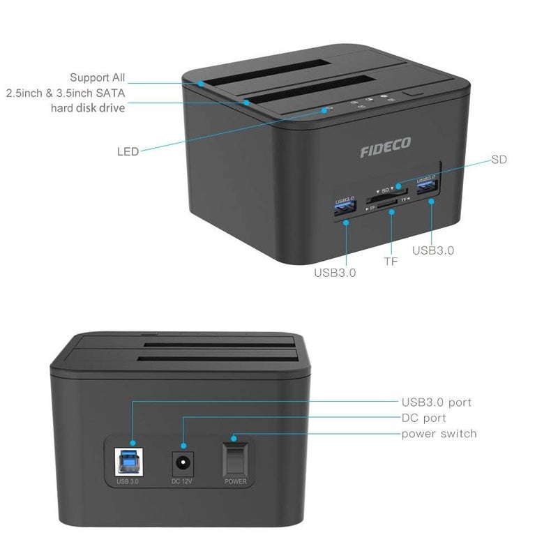 Tobo محطة إرساء الأقراص الصلبة USB 3.0 إلى SATA، محطة إرساء مزدوجة للأقراص الصلبة مع فتحات بطاقة TF و SD لأقراص SATA HDD SSD بحجم 2.5/3.5 بوصة، تدعم TD-1043HS - Image 2