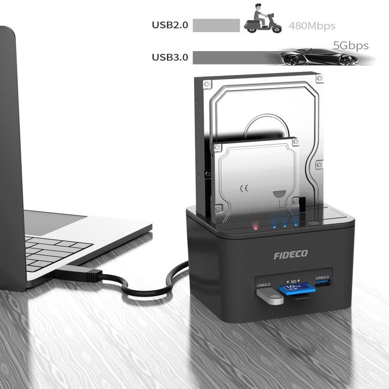 Tobo محطة إرساء الأقراص الصلبة USB 3.0 إلى SATA، محطة إرساء مزدوجة للأقراص الصلبة مع فتحات بطاقة TF و SD لأقراص SATA HDD SSD بحجم 2.5/3.5 بوصة، تدعم TD-1043HS - Image 4