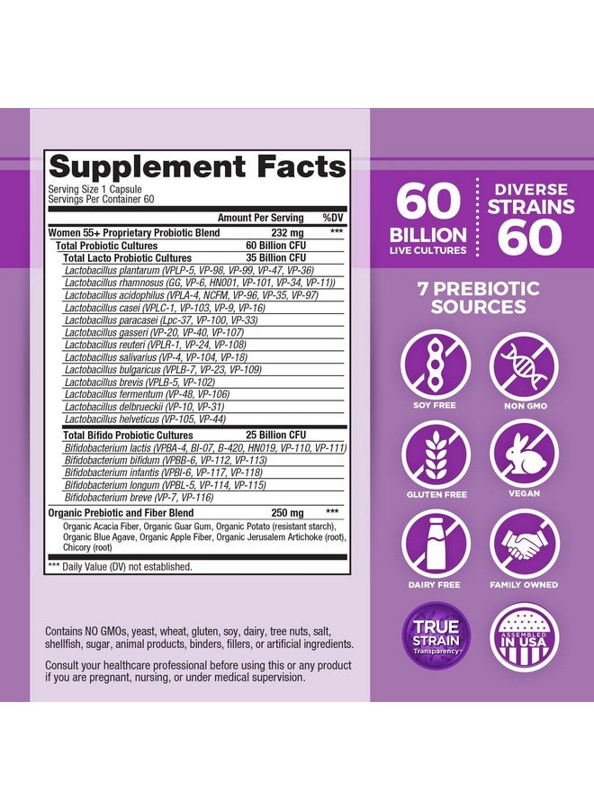 فيتل بلانت Vital Planet - Vital Flora Women Over 55 Daily Probiotic، 60 مليار وحدة تشكيل مستعمرة، سلالات متنوعة، بريبايوتيك عضوي، دعم مهبلي ومناعي، بروبيوتيك لصحة الجهاز الهضمي للنساء 60 كبسولة - Image 2