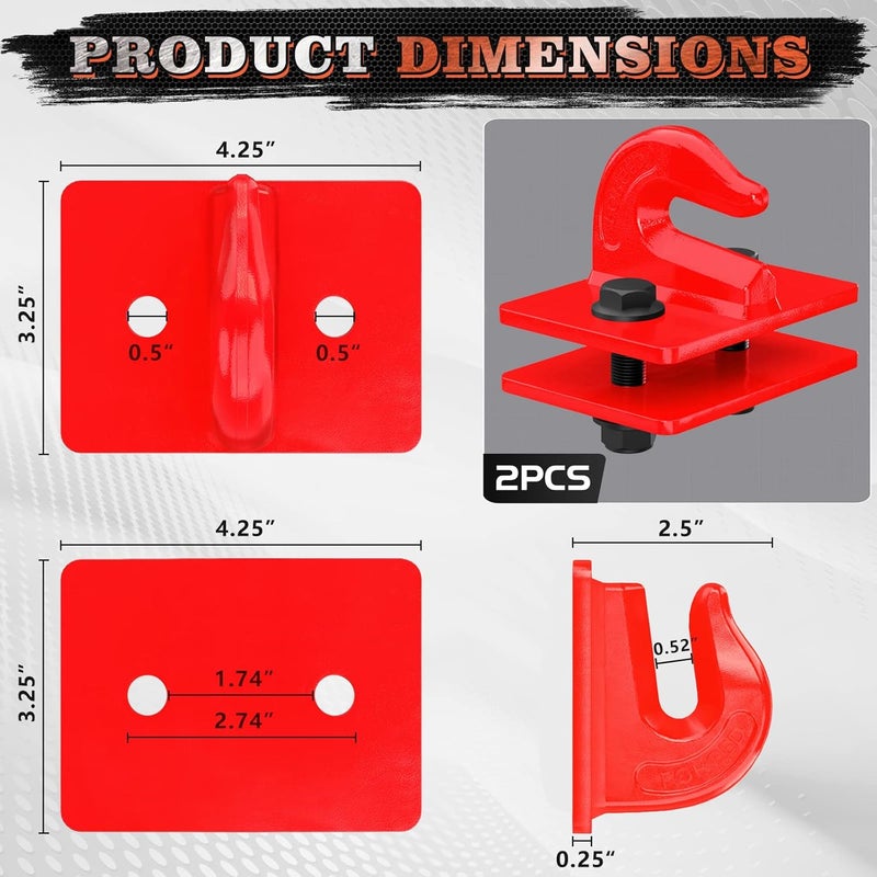 AMBULL Tractor Bucket Grab Hook Grade 70 Forged Steel Bolt On Grab Hook 3/8" Tow Hook Mount with Backer Plate, Work Well for Tractor Bucket, RV, UTV, Truck, Max 15,000 lbs, 2 Pack, Red - Image 2