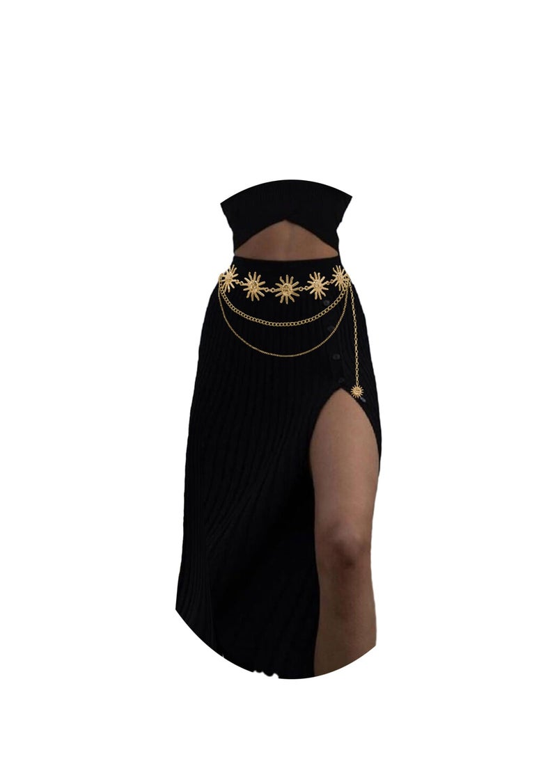 حزام خصر متعدد الطبقات ذهبي فضي بسلسلة شمس وقمر للنساء، حزام معدني للخصر والبطن للفساتين - Image 1