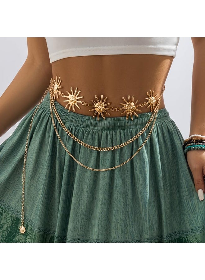 حزام خصر متعدد الطبقات ذهبي فضي بسلسلة شمس وقمر للنساء، حزام معدني للخصر والبطن للفساتين - Image 5