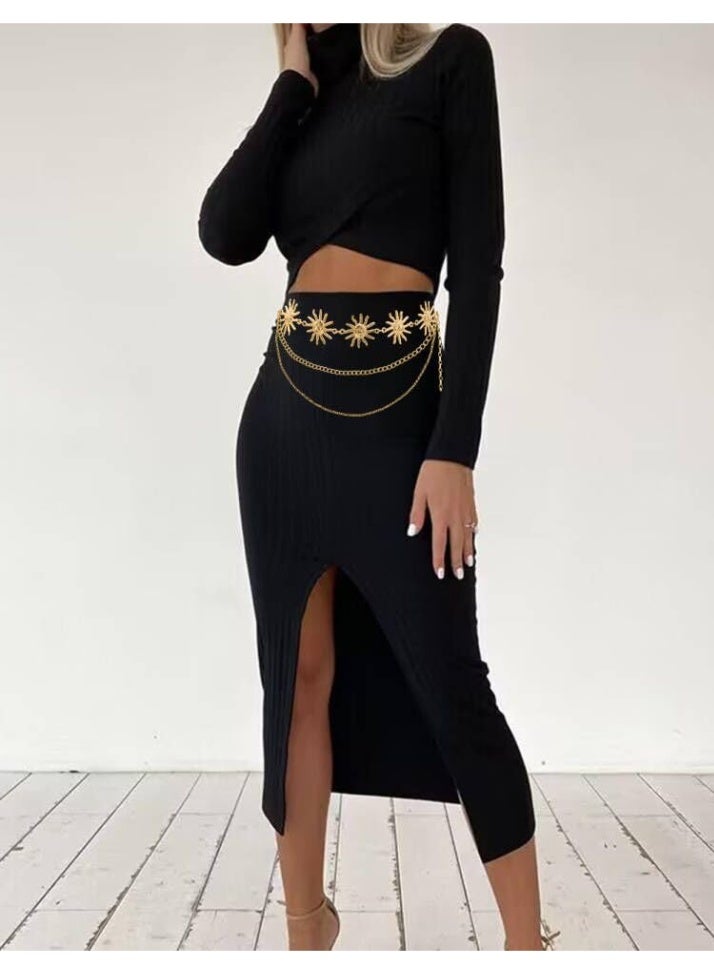 حزام خصر متعدد الطبقات ذهبي فضي بسلسلة شمس وقمر للنساء، حزام معدني للخصر والبطن للفساتين - Image 3