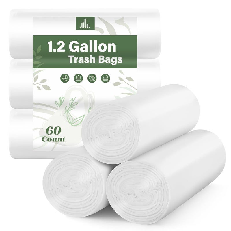 Jaoul 1.2 Gallon Small Trash Bags  Unscented Strong Small Trash Bags Bathroom  1.2 Gallon Trash Bags For Bathroom  Durable Mini Trash Bags For 1 Gallon Trash Can  White  60 Counts - Image 1