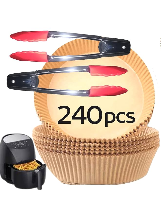 PROMASS Fryer Disposable Paper Liners (240-Pack & 2-Tongs) Round Non-stick Air Fryer Plates, Prime Oil Resistant, Waterproof, Parchment Paper Cooking Paper For Fryers Basket Frying Pan 6.3in/16cm (240)  - Image 1