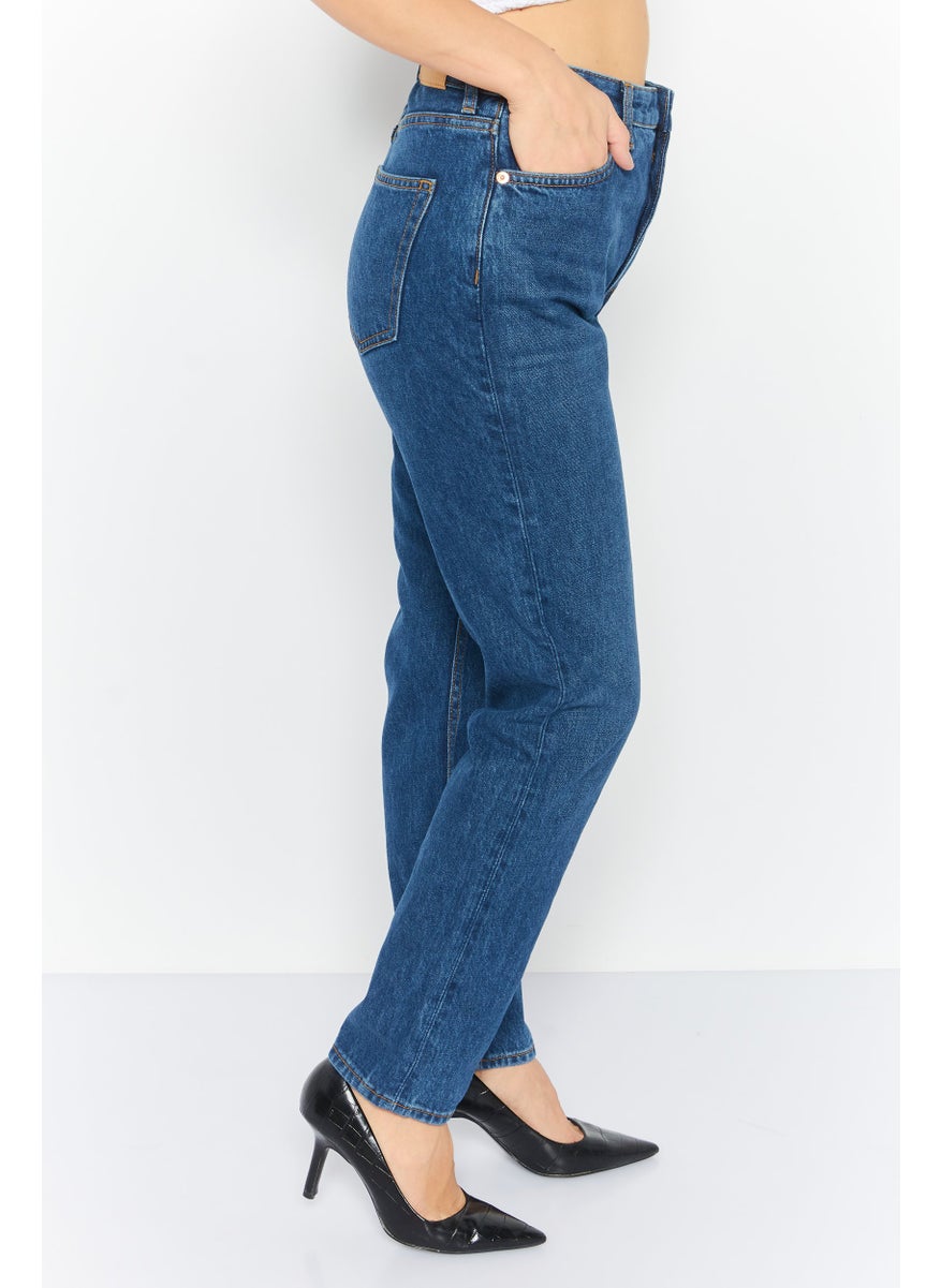 MONKI Women Mom Fit Washed Non Stretchable Jeans, Blue  - Image 3