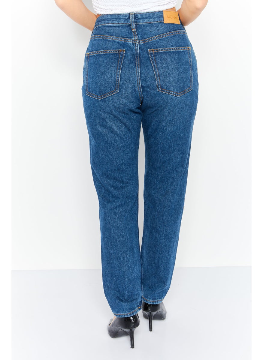 MONKI Women Mom Fit Washed Non Stretchable Jeans, Blue  - Image 4