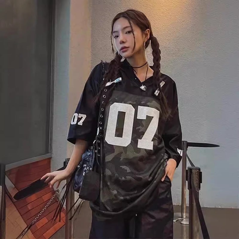 07 Retro Hip Hop Jersey Loose Short-Sleeved T-Shirt Women'S 2024 High Street American Style Half-Sleeved Top Trendy - Image 3