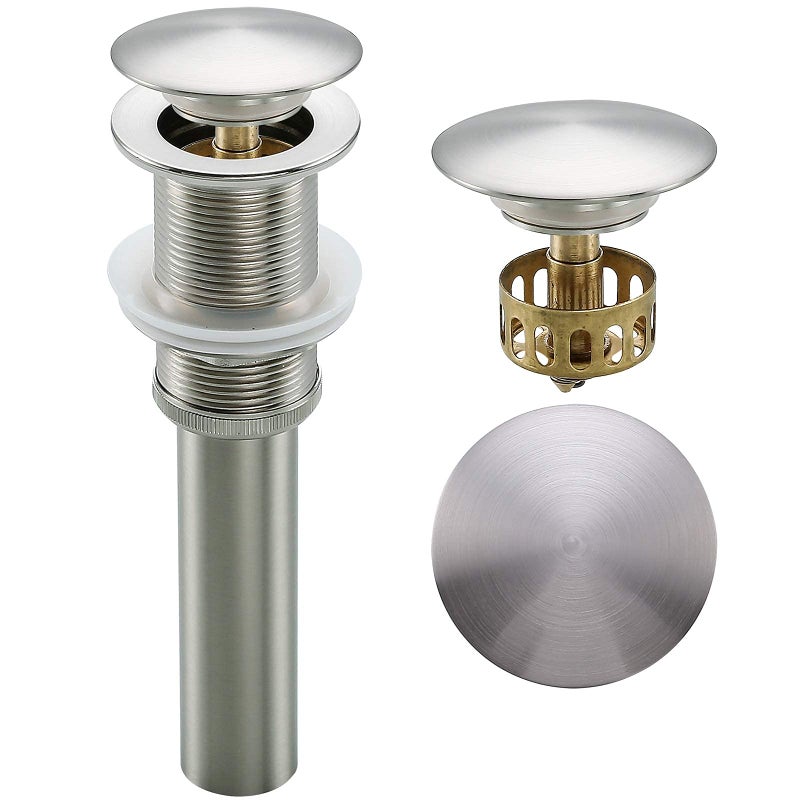 SWHYGER Pop Up Drain Assembly Brushed NickelBathroom Sink Drain with Removable Brass Strainer Basket Without Overflow Vessel Basin Sink Drain Stopper83606BN