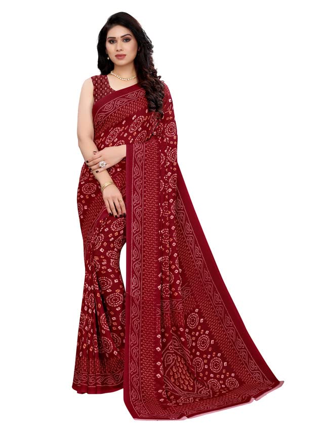 Satrani Women's Georgette Bandhani Printed Saree with Unstitched Blouse Piece (2041S573NA_Maroon) - Image 1