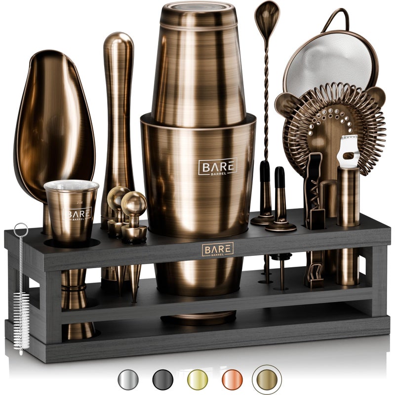 BARE BARREL Mixology Bartender Kit Bar Set 16Piece Cocktail Shaker Set Martini Barware Mixing Tools for Home Bartending Incl 35 Recipe Cards Gift Set 28oz Boston Shaker BrassBlack
