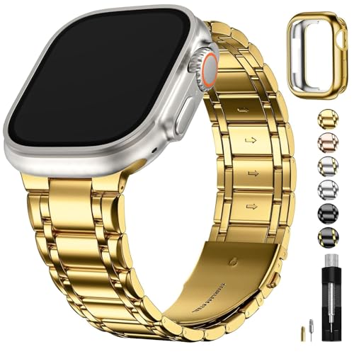 Fullmosa Metal Bands With Case [Watch NOT Included] Compatible Apple Watch Strap 49mm,Steel Apple Watch Band for iWatch Ultra 3/2/1,49mm,Golden - Image 1