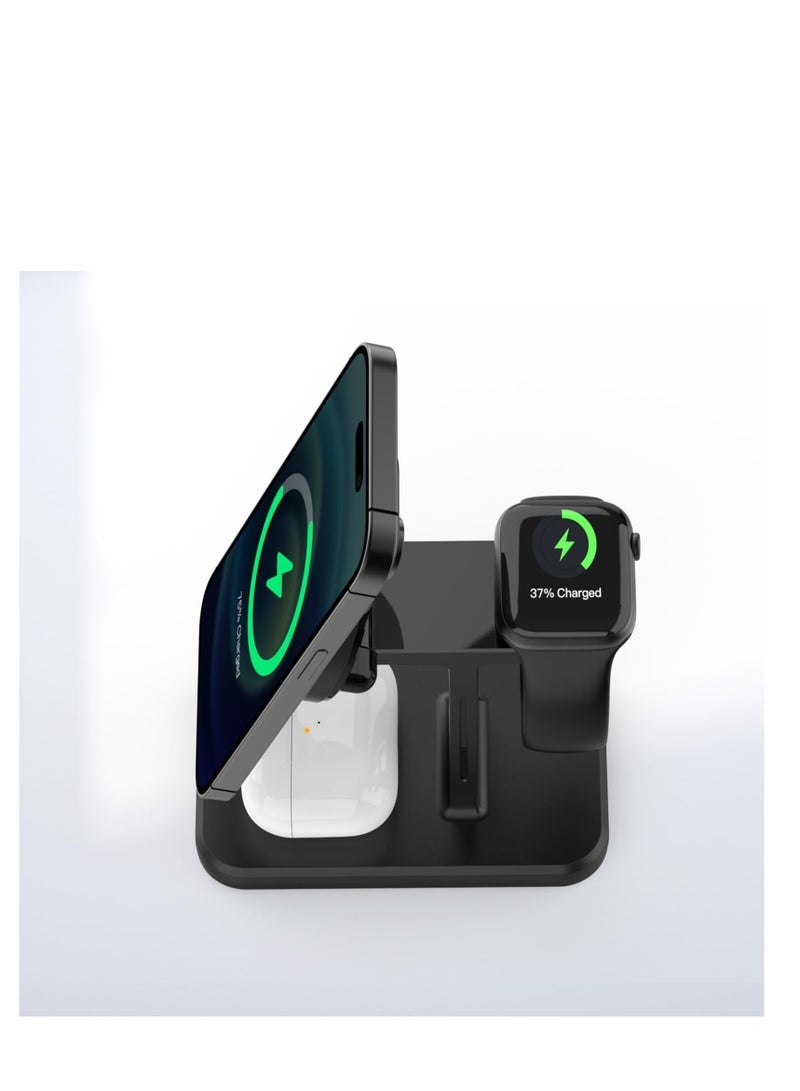 Charger 3 in 1 Charging Station, Fast iPhone Charging Station, Magnetic Magsafe Wireless Charger for 15,14,13,12 Pro/Max/Mini/Plus, iWatch 8/7/6/SE/5/4/3/2, Black
