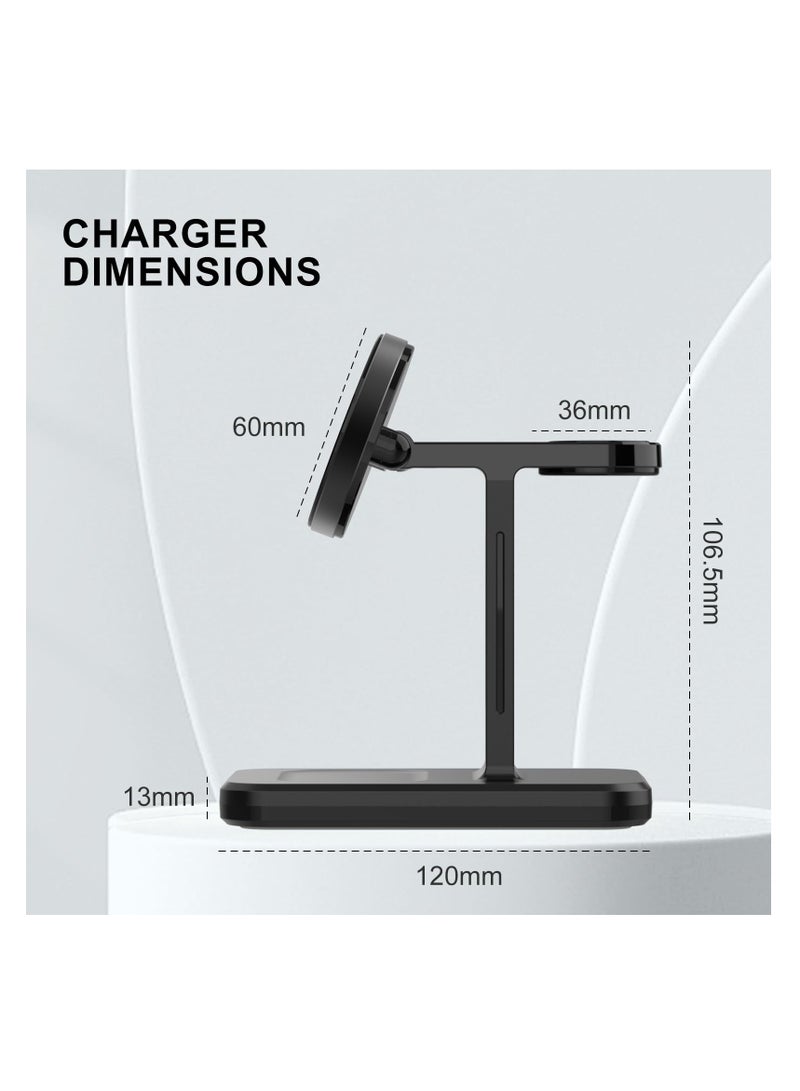 Charger 3 in 1 Charging Station, Fast iPhone Charging Station, Magnetic Magsafe Wireless Charger for 15,14,13,12 Pro/Max/Mini/Plus, iWatch 8/7/6/SE/5/4/3/2, Black