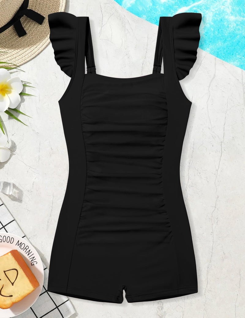Aulyffo Girls Swimsuit Size 8 Bathing Suits for Girl One Piece Bathing Suit Solid Swimsuits Ruched Sleeveless Girls' Swimwear Black 7-8 Years - Image 4