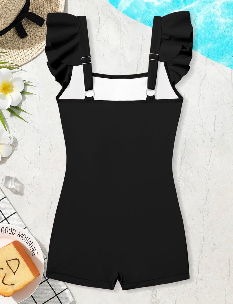 Aulyffo Girls Swimsuit Size 8 Bathing Suits for Girl One Piece Bathing Suit Solid Swimsuits Ruched Sleeveless Girls' Swimwear Black 7-8 Years - Image 5