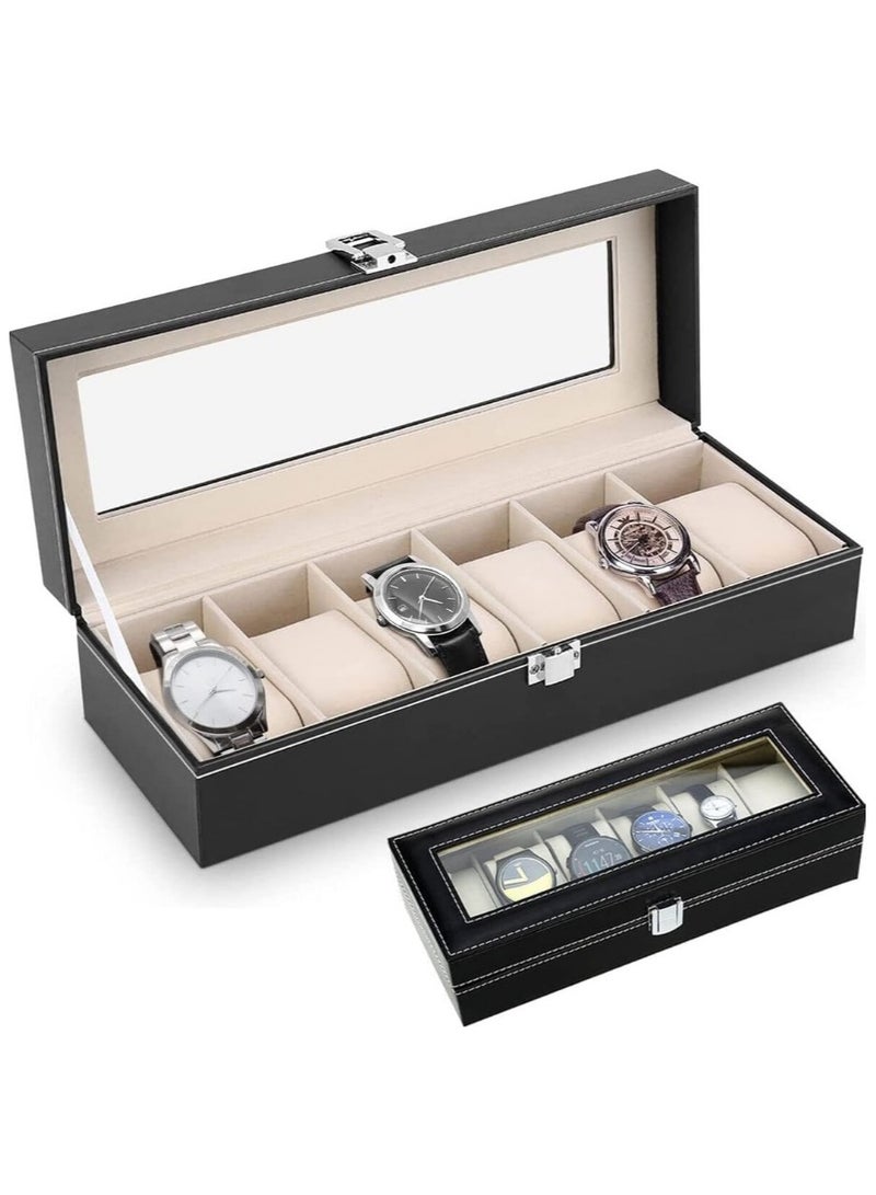 Watch Organizer and Storage Box with 6 Sections and 6 Slots for Displaying Watches for Men and Women Black PU Leather Watch Organizer Box PU Leather Watch Case Watch Organizer for Men and Women Christmas Gifts Large Women's and Men's Watch Organizer  - Image 1