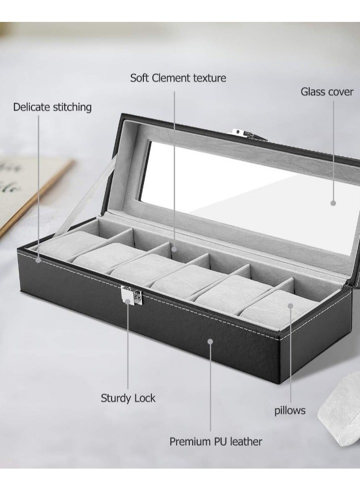 Watch Organizer and Storage Box with 6 Sections and 6 Slots for Displaying Watches for Men and Women Black PU Leather Watch Organizer Box PU Leather Watch Case Watch Organizer for Men and Women Christmas Gifts Large Women's and Men's Watch Organizer  - Image 5