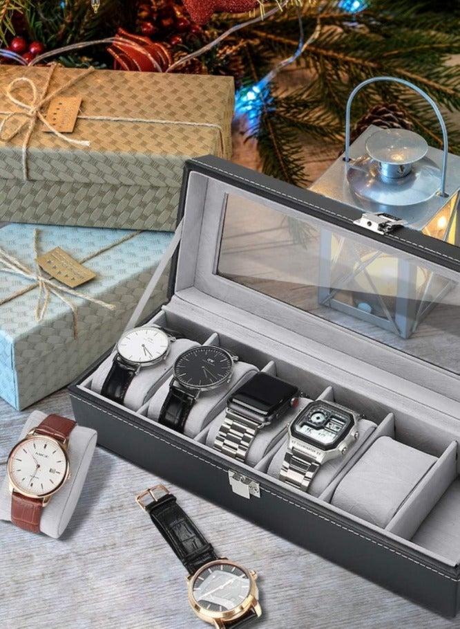 Watch Organizer and Storage Box with 6 Sections and 6 Slots for Displaying Watches for Men and Women Black PU Leather Watch Organizer Box PU Leather Watch Case Watch Organizer for Men and Women Christmas Gifts Large Women's and Men's Watch Organizer  - Image 3