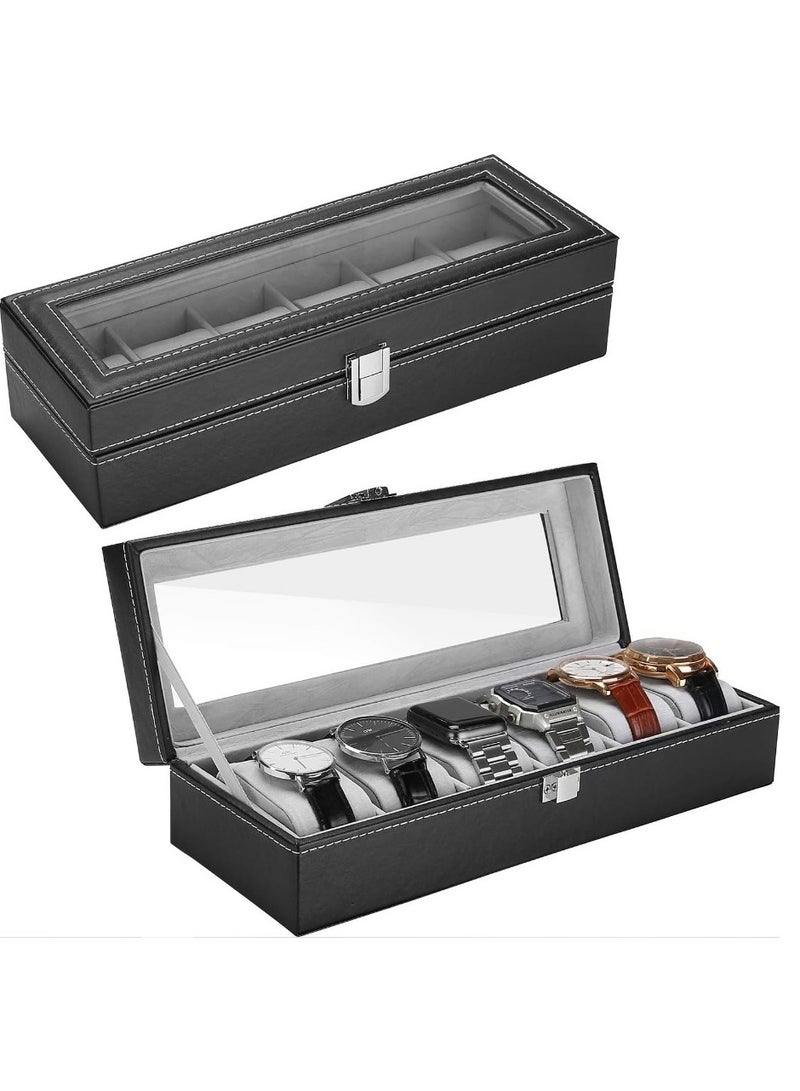 Watch Organizer and Storage Box with 6 Sections and 6 Slots for Displaying Watches for Men and Women Black PU Leather Watch Organizer Box PU Leather Watch Case Watch Organizer for Men and Women Christmas Gifts Large Women's and Men's Watch Organizer  - Image 2