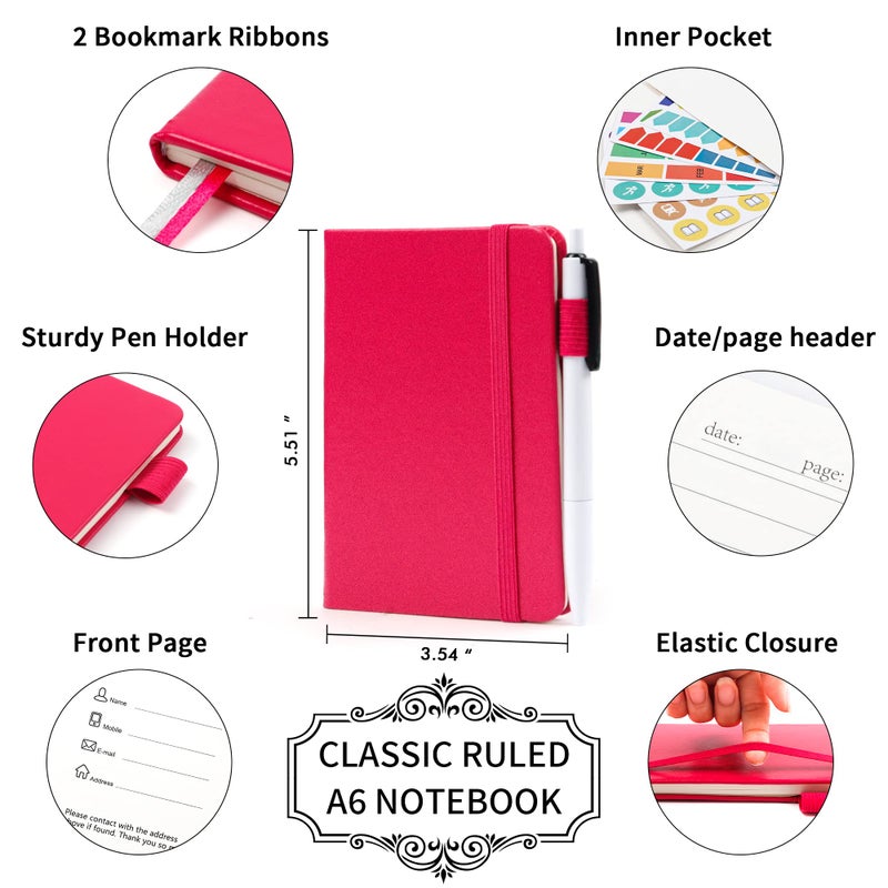 feela 3 Pack Pocket Small Notebook Journals, Mini Cute Memo Notepad Hardcover College Ruled Lined Journals with Pen Holder for Women Girls Office School, with 3 Black Pens, 3.5â€x 5.5â€, A6, Berry - Image 2